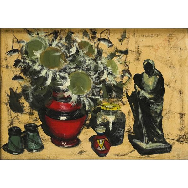 Composition with vase of sunflowers, statuette and jars