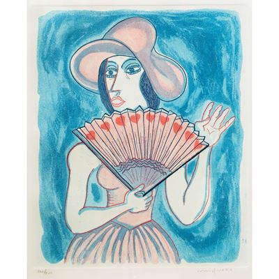 Donna che Saluta con Cappello e Ventaglio