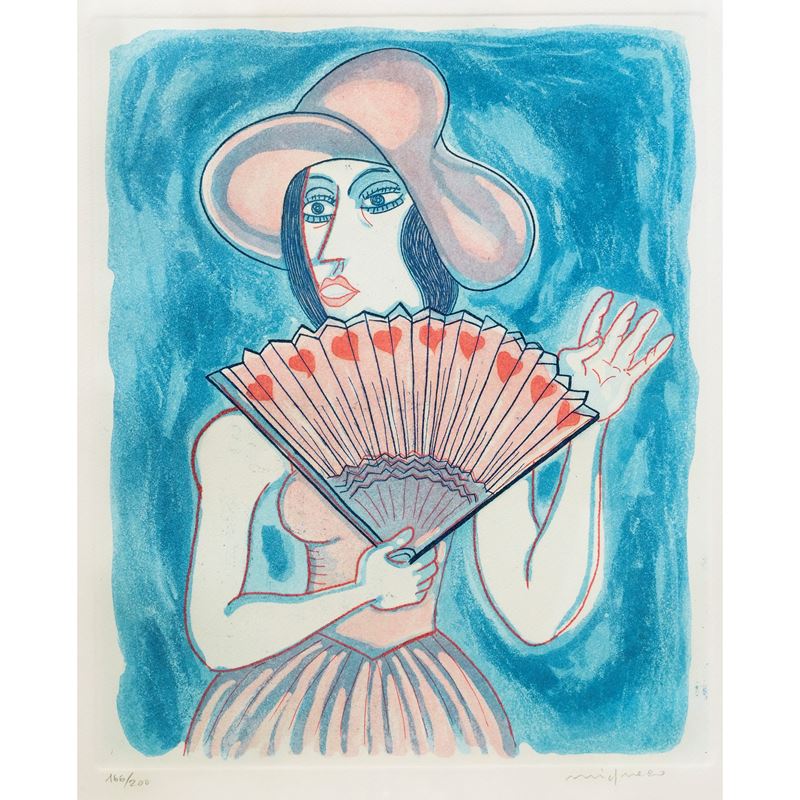 Giuseppe Migneco - Donna che Saluta con Cappello e Ventaglio