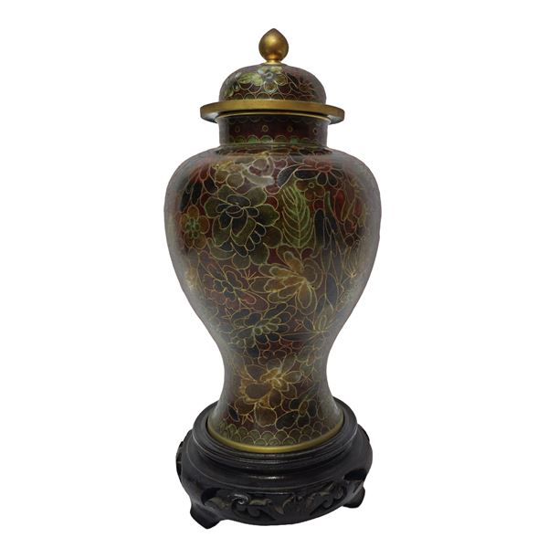 Chinese cloisonne potiche in brown ceramic with golden floral decorations, turquoise interior