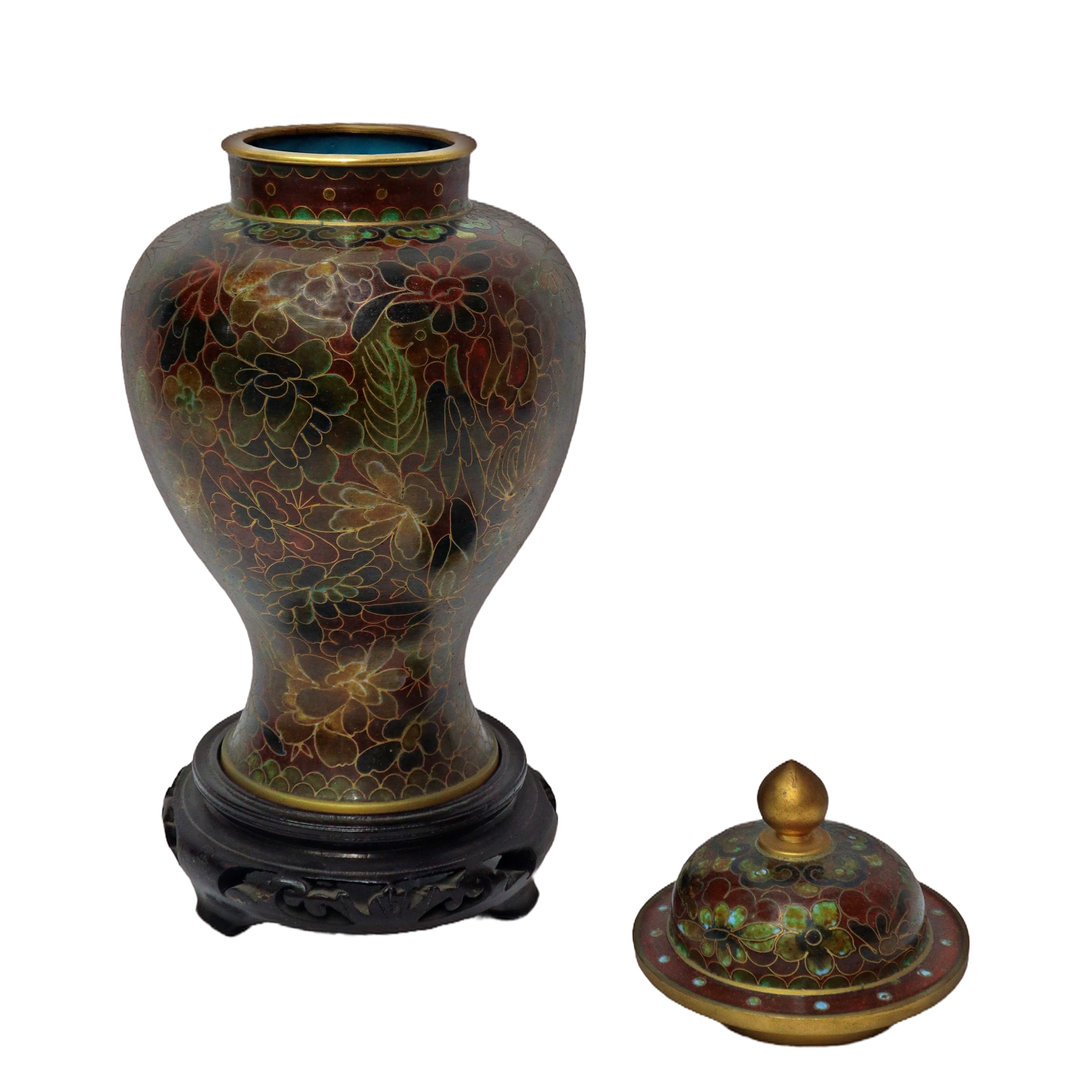 Potiche cinese cloisonne in ceramica marrone con decori dorati floreali, interno turchese