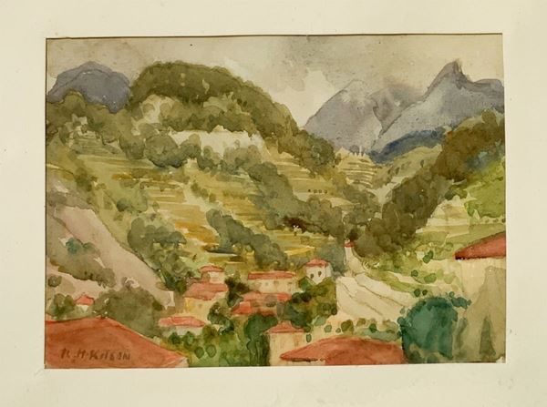 R. H. Kitson Watercolor depicting the surroundings of Taormina. Signed at the bottom left. Robert Hawthorn Kitson (3 July 1873 - 17 September 1947) cm ...
