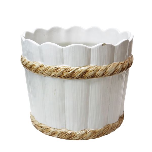 Cachepot in ceramica bianca, finto legno bianco e corde