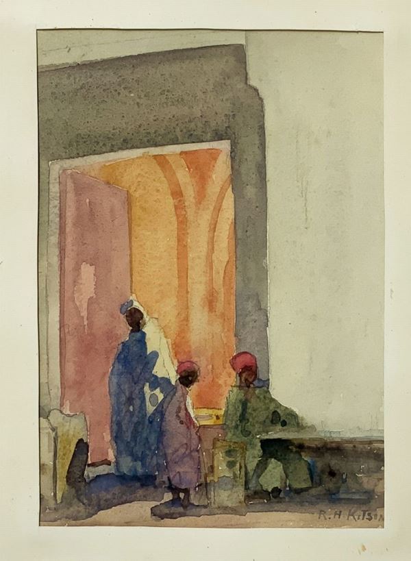 R. H. Kitson, acquerello raffigurante personaggi arabi. Firmato in basso a destra. Robert Hawthorn Kitson (3 Luglio 1873 - 17 Settembre 1947)
H cm ... 