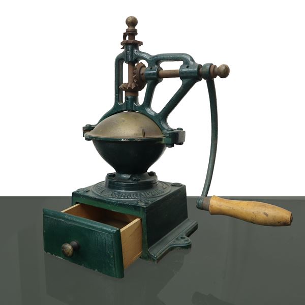 Wooden and cast iron hand crank coffee grinder