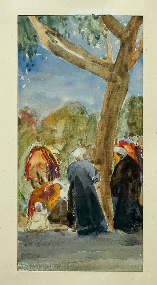 R. H. Kitson, Acquerello raffigurante scena araba. Firmato in basso a sinistra. Robert Hawthorn Kitson (3 Luglio 1873 - 17 Settembre 1947)
H cm 20x9, ... 