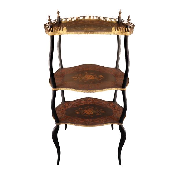Three-tier inlaid table with railing