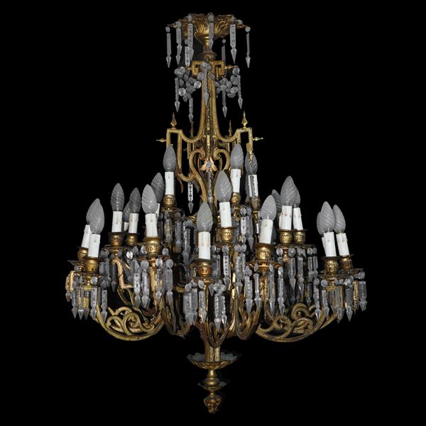 Living room chandelier in gold-plated brass and glass brindoli