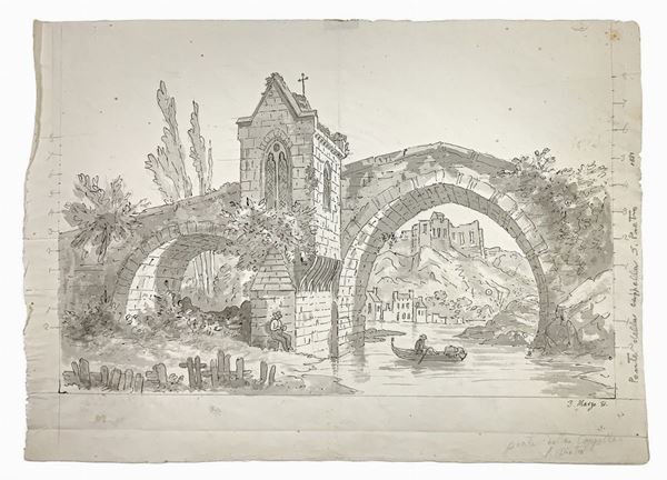 Design in China Gray watercolor depicting chapel bridge, St. Peter. Dated lower right 3 March '81
430x300 mm
