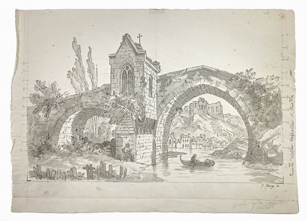 disegno  a china acquerellato grigio raffigurante Ponte della Cappella, San Pietro. Datato in basso a destra 3 Marzo '81
Mm 430x300