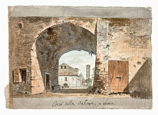 disegno  ad acquarello a china e matita policromo raffigurante Arco della Valona a Roma. Scritto in basso a destra Arco della Valona a Roma.
Mm ... 