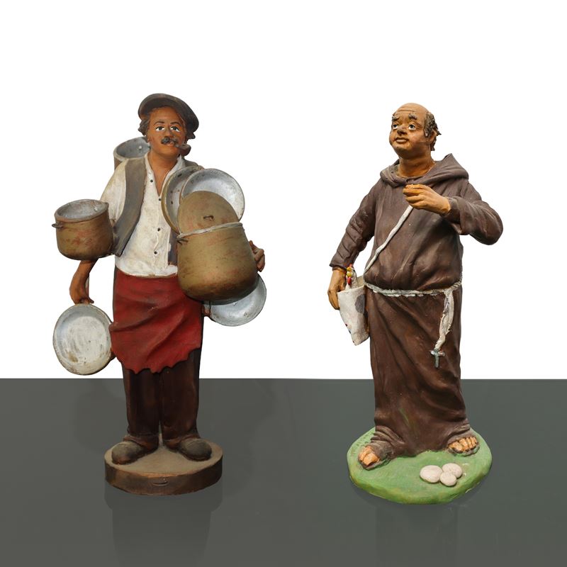 Frate e venditore di pentole in terracotta policroma, XX secolo