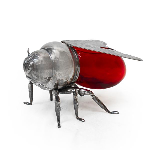 Teghini  Firenze - Contenitore porta miele in silver plate e vetro rosso di Murano a guisa di ape