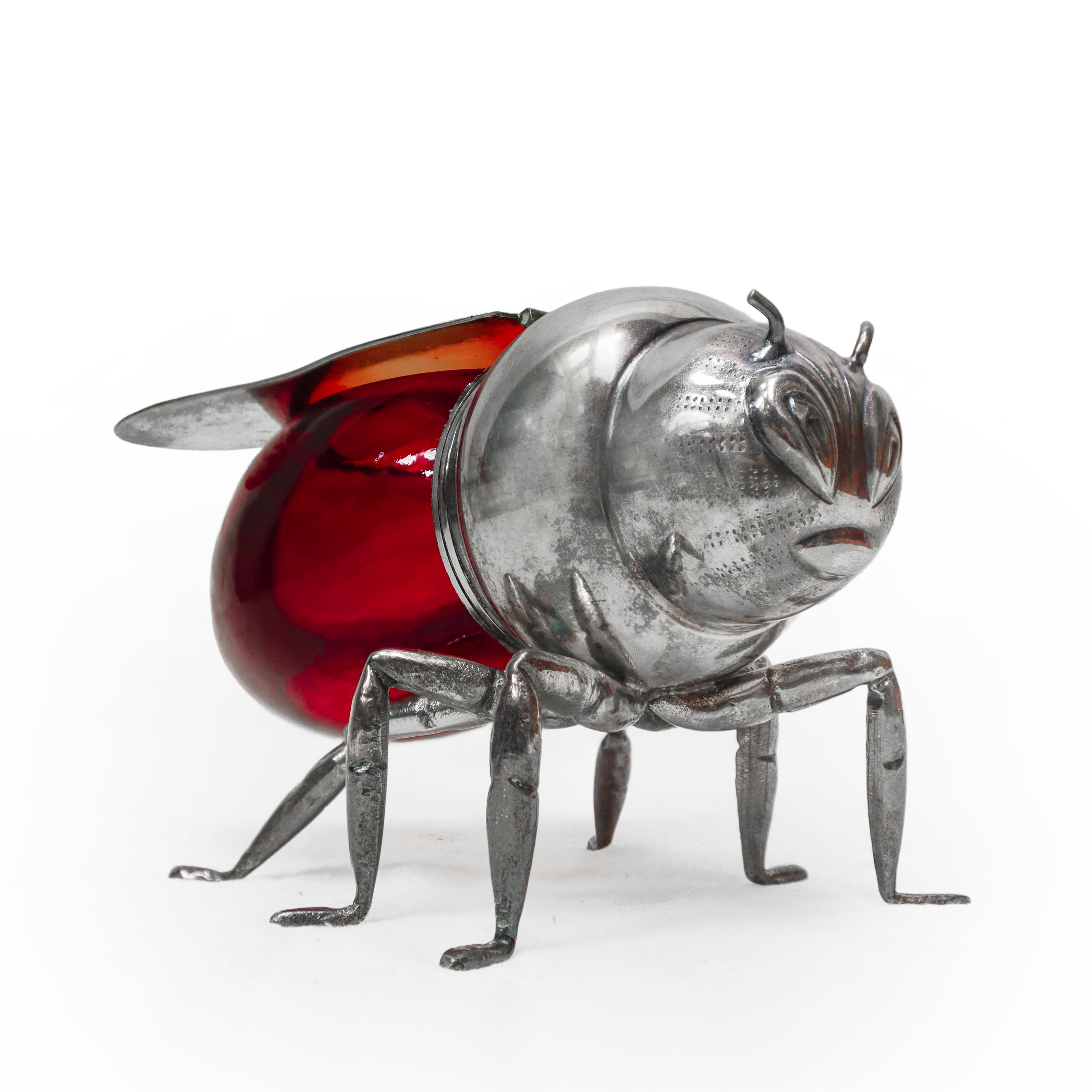 Teghini Firenze - Contenitore Porta Miele in Silver Plate e Vetro Rosso di Murano a Guisa di Ape