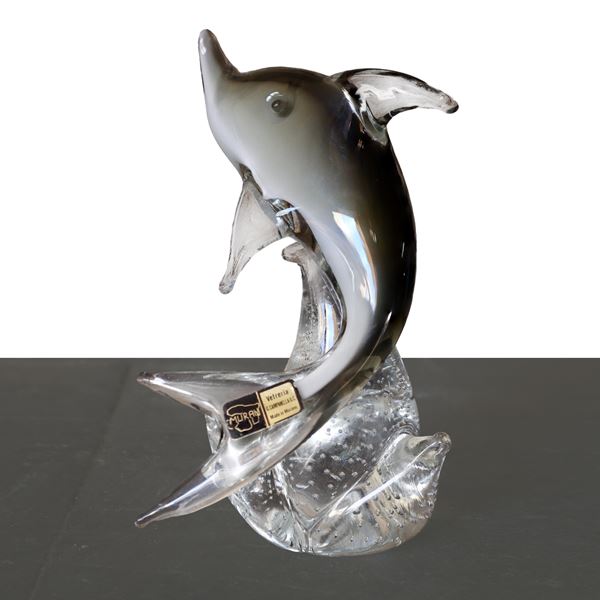 Seguso Murano - Squalo in vetro di Murano sommerso con base bullicante