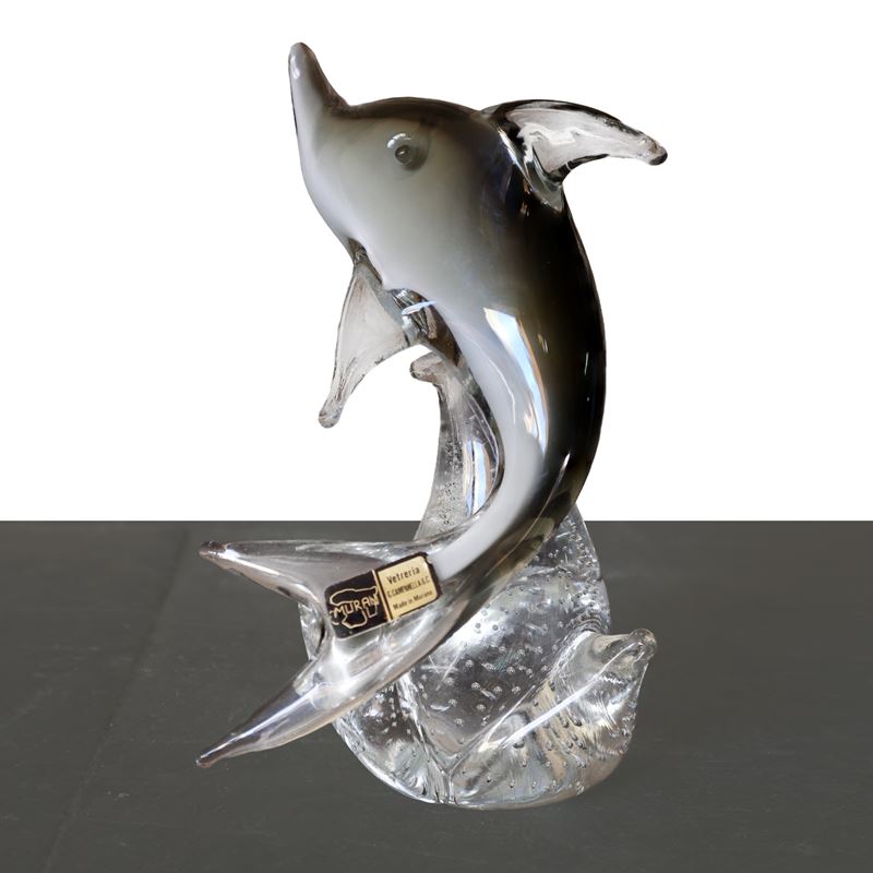 Seguso Murano - Squalo in Vetro di Murano Sommerso con Base Bullicante