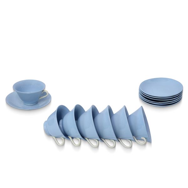 K-C Societ&#224; Ceramica italiana Laveno - Tea set consisting of 7 cups with blue saucers