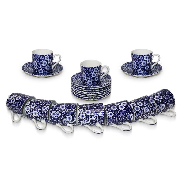 Calico Burleigh Staffordshire England - Servizio da caffe' in ceramica bianca con decori floreali blu