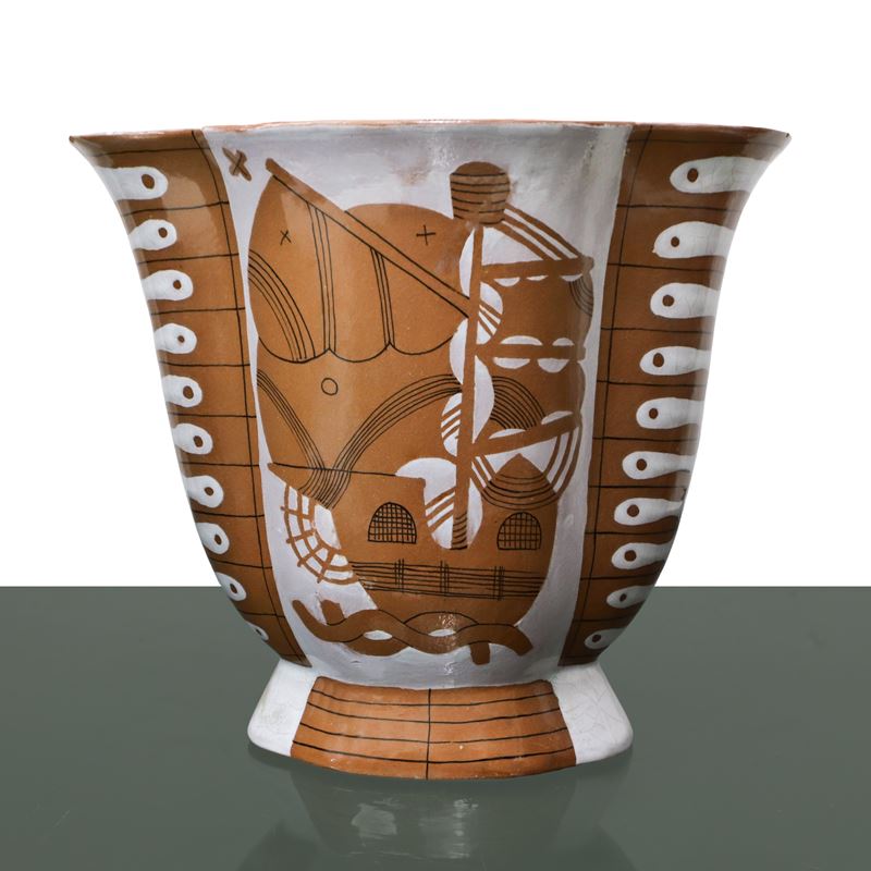 Giovanni Gariboldi - Vaso in Ceramica Smaltata con Raffigurazione di Veliero e Pesce
