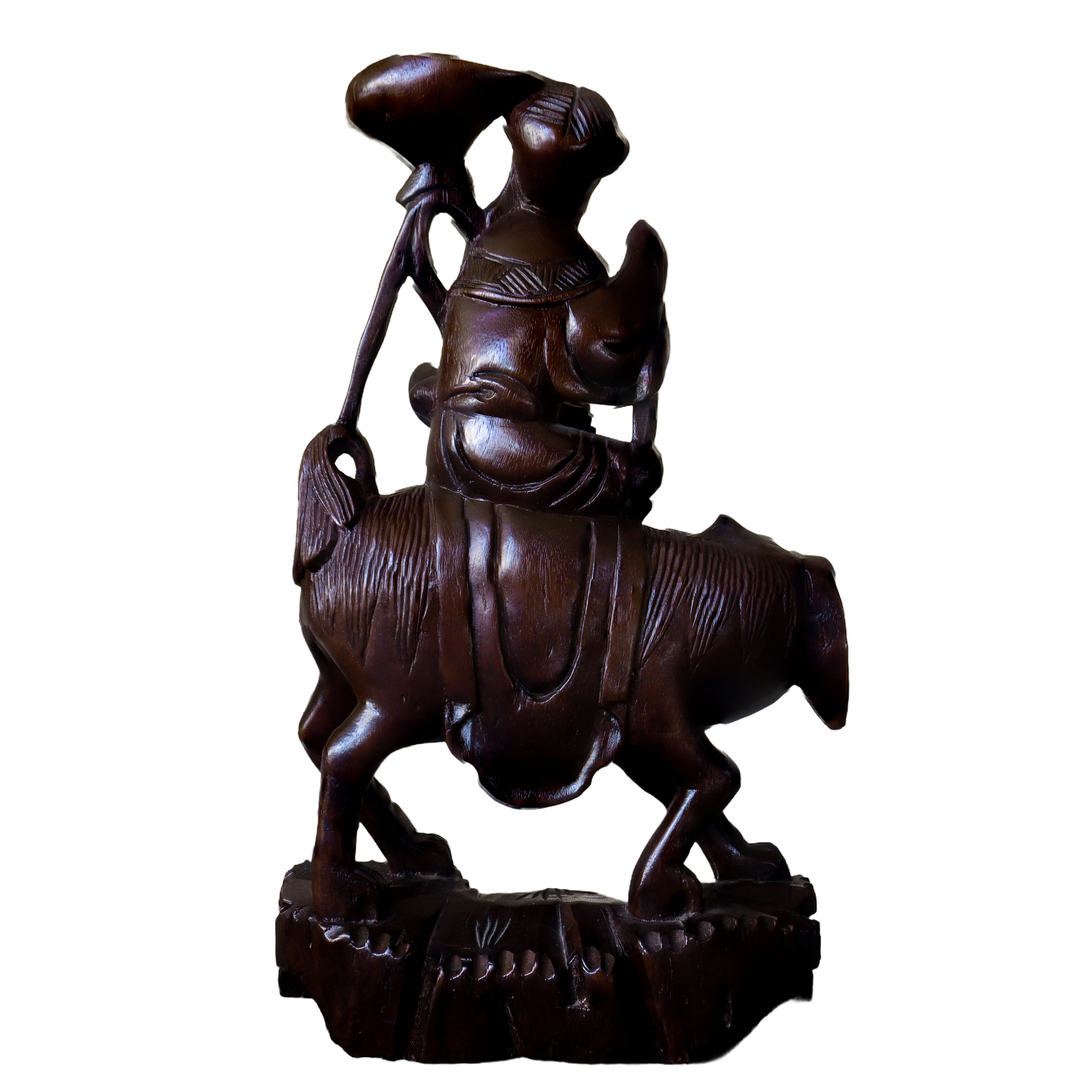 Statuina Asiatica in Legno Uomo che Cavalca Animale Mitologico