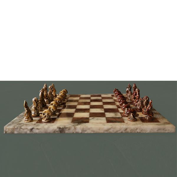 Alabaster chessboard with pawns in the shape of marine subjects