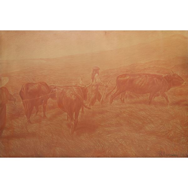 Plow with oxen and farmers