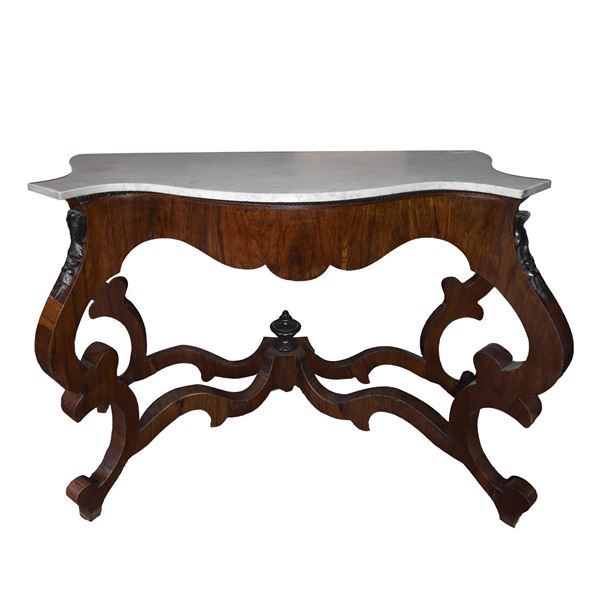 Console in legno di mogano Luigi Filippo con marmo al piano