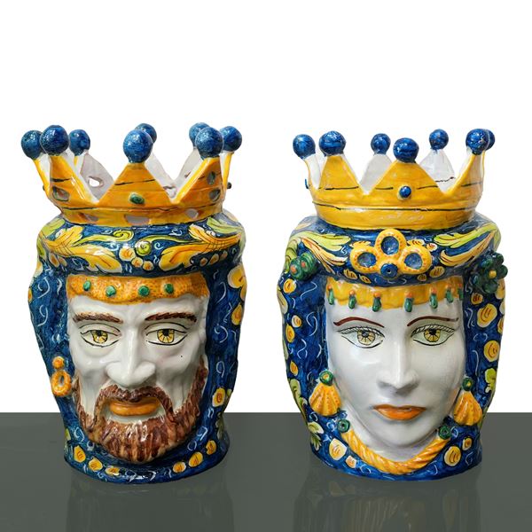 Pair of crowned Moor heads, signed Germano Caltagirone