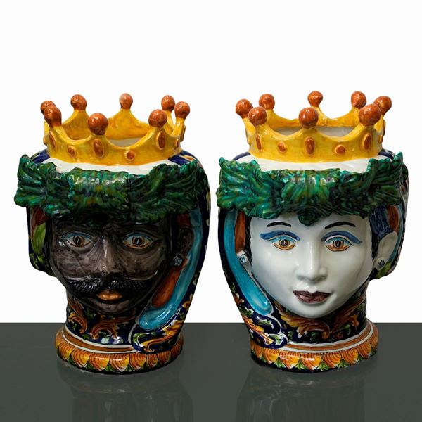 Pair of Moro heads, signed S. Gurreri Caltagirone