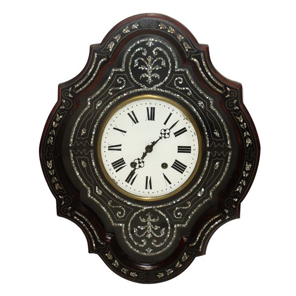 Bull's-eye wall pendulum, porcelain dial with Roman numerals, wooden box inlaid with mother-of-pearl floral motifs