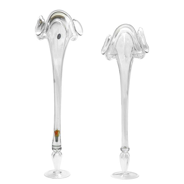 Pair of Murano glass vases with curled mouth and round base