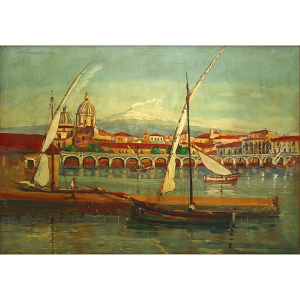 Port of Catania with the arches and dome of the Cathedral