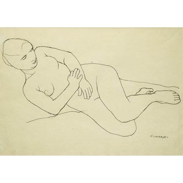 Felice Casorati - Nudo di Donna sdraiata, firmato in basso a destra
