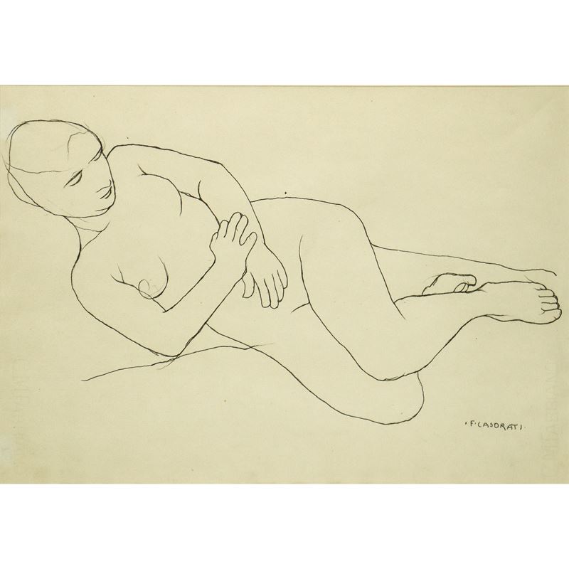 Francesco Casorati - Nudo di Donna Sdraiata, Firmato in Basso a Destra