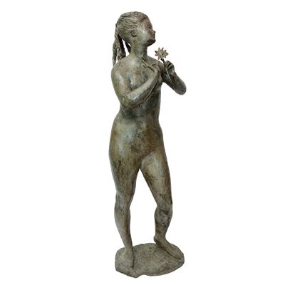 Donna con Fiore e Petalo, Scultura in Bronzo Patinato Grigio