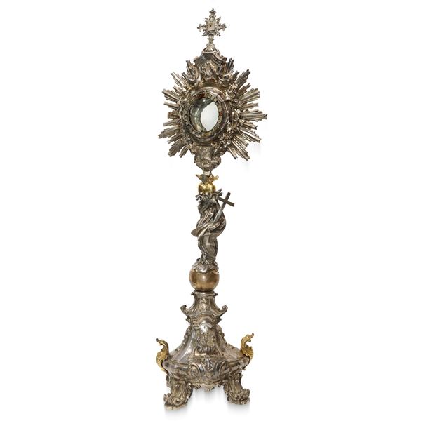 Monstrance in silver and silver vermeil with supporting Madonna