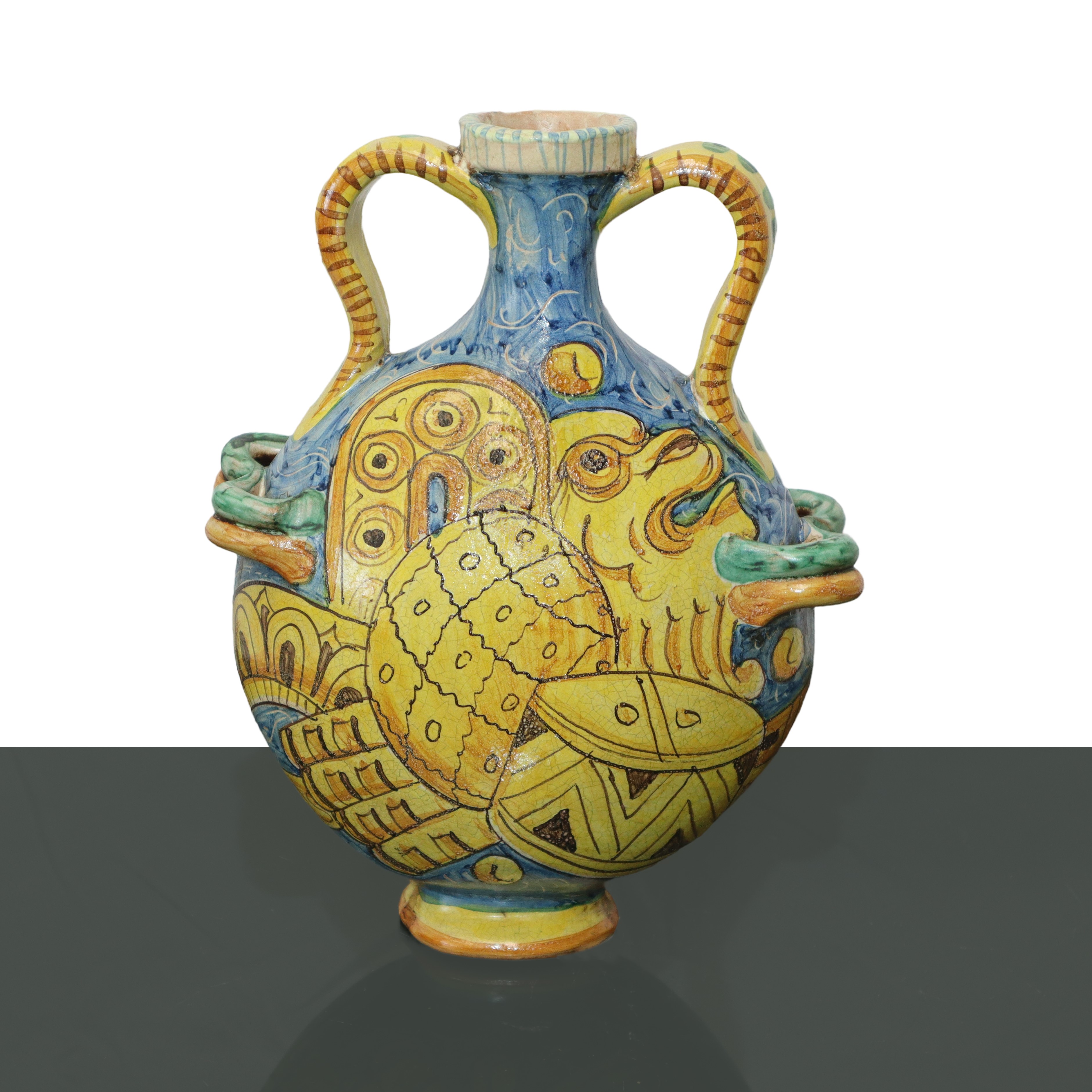 Fiasca con manici in maiolica di Caltagirone