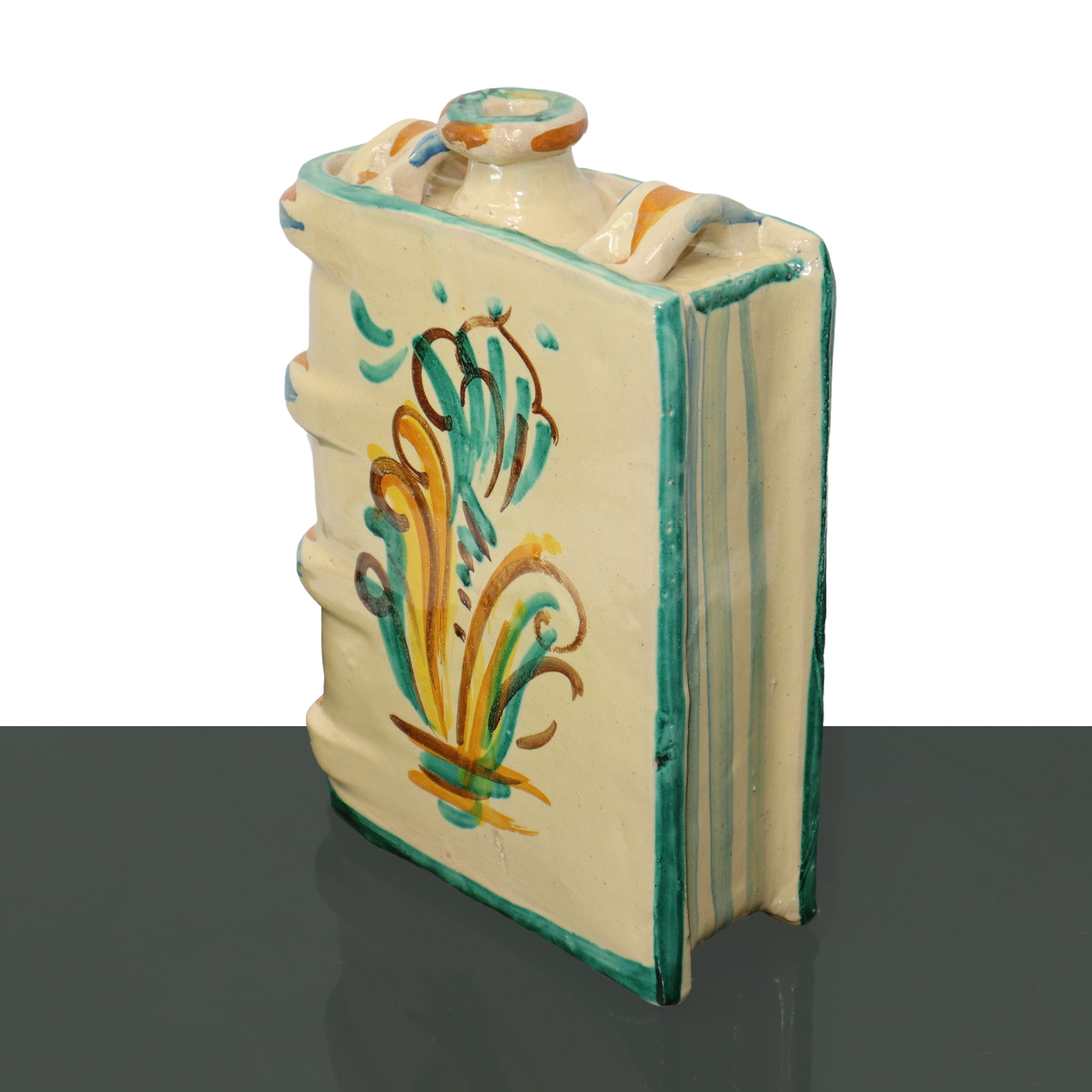 Fiasca in maiolica di Caltagirone con raffigurazione di luna e sole