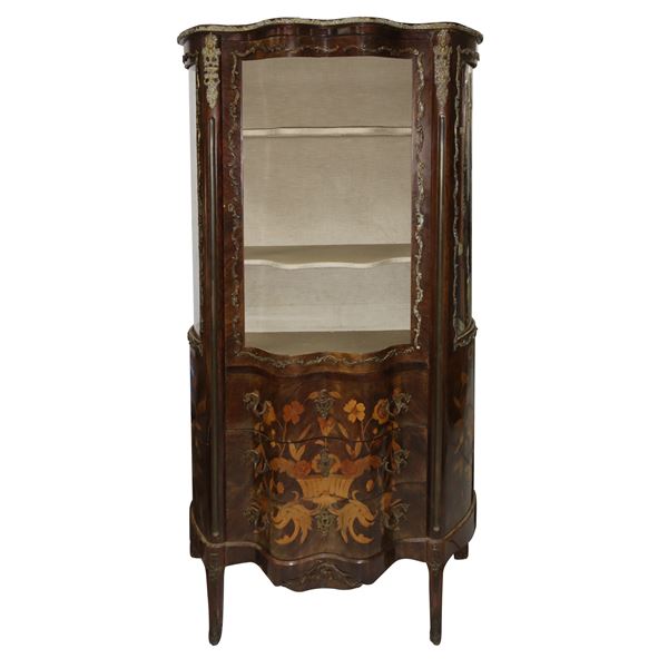 Showcase in rosewood with floral inlays