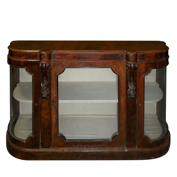 Etagere in walnut wood, central door and glass sides