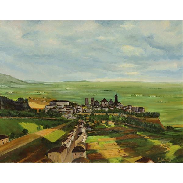 Clemente Pozzali - Paesaggio con paese in pianura