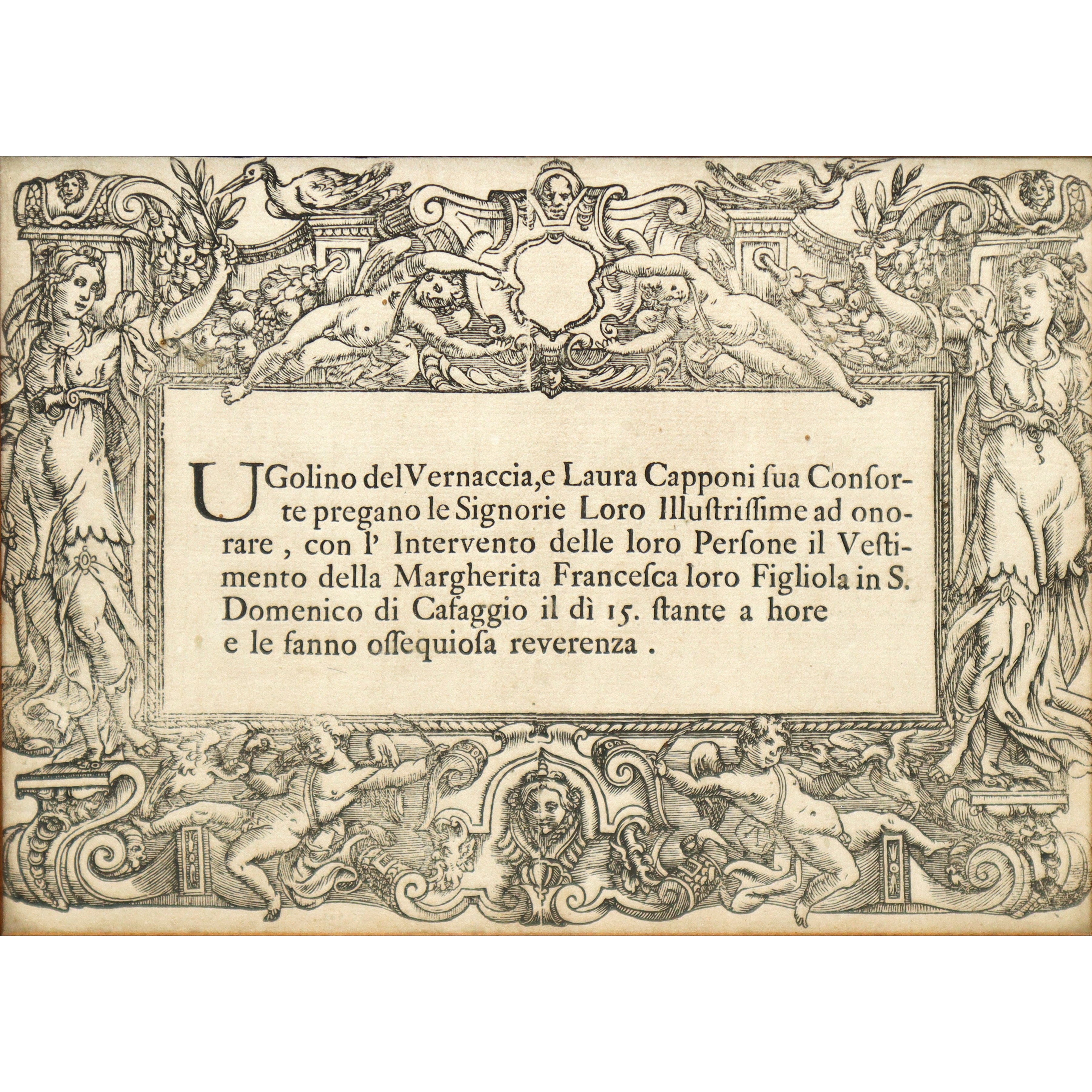 Invito alla Vestizione di Margherita Francesca, Inviata da Ugolino del Vernaccia e Laura Capponi