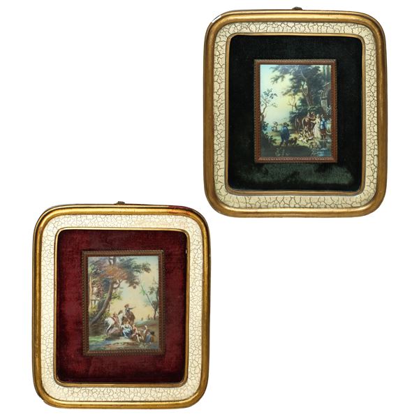 Pair of scenes of aristocratic characters outside