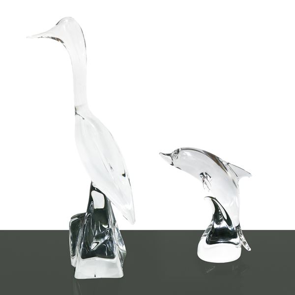 Daum - Heron in Daum crystal and Dolphin in Vilca crystal