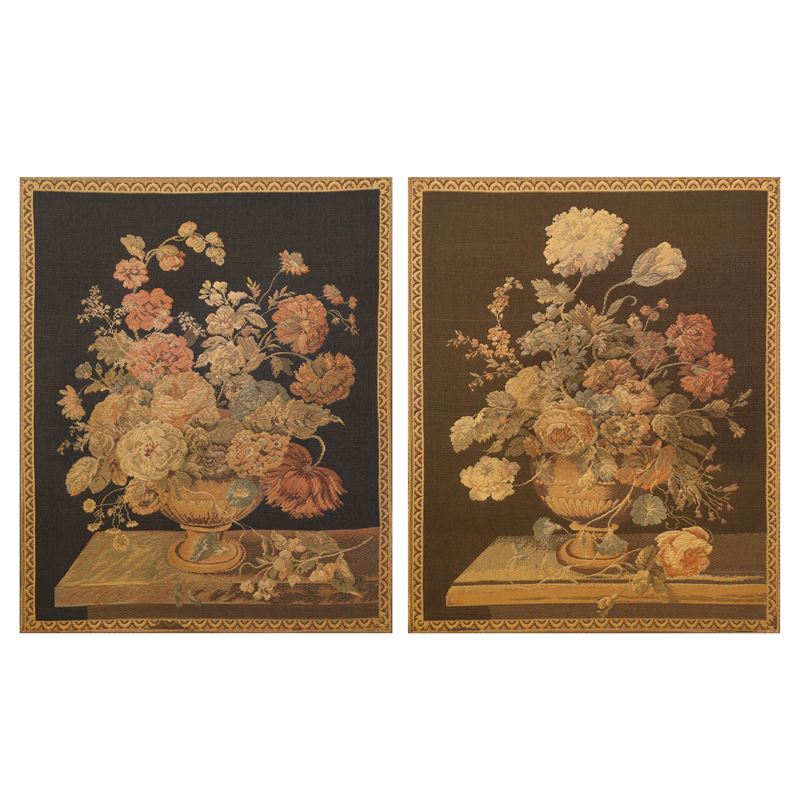 Coppia di Nature Morte di Fiori, Gobbelin in Tessuto