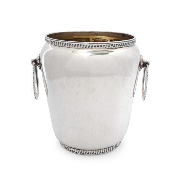 Silver ice bucket with decorated side handles