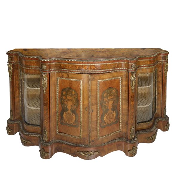 Mobile etagere Napoleone III in legno di radica con intarsi sul fronte