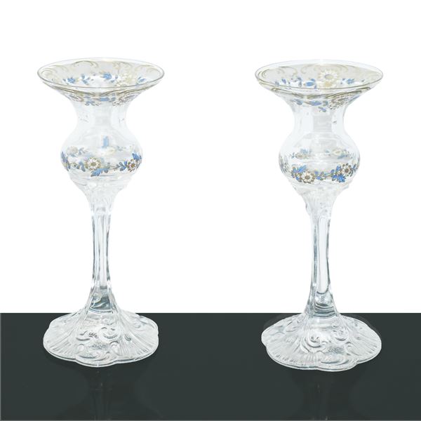 Rosenthal Group Germany - Pair of crystal candle holders painted with enamel and gold with floral motifs