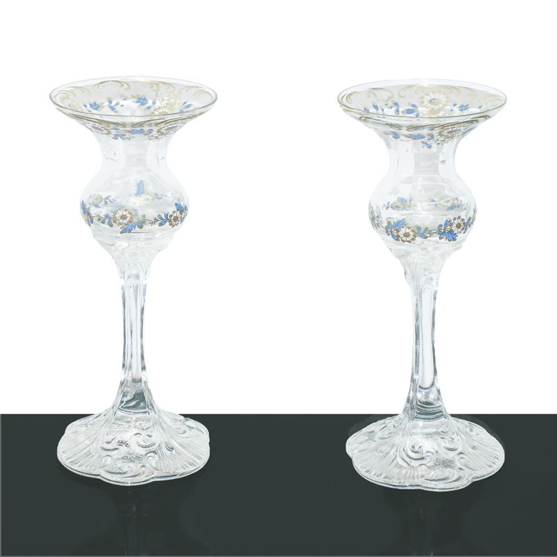 Rosenthal Group Germany - Coppia di Portacandele in Cristallo Dipinti con Smalti e Oro a Motivi F...
