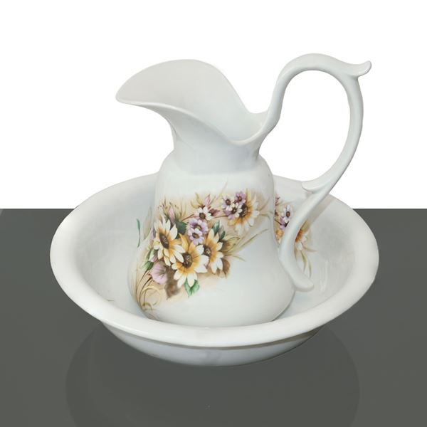 AI Galleria - Hand basin with pourer in white porcelain with floral decorations